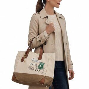 Fossil Vintage Canvas Postmark Tote Bag Cream Brown Leather Handles Like New